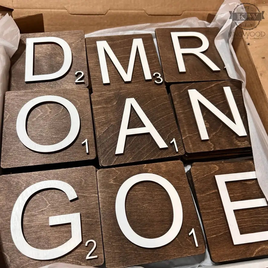 Wooden Scrabble tile wall art with 3D laser-cut letters for decorative tile wall decoration