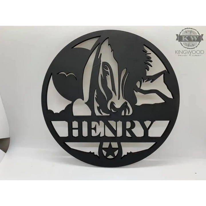 Black horse-themed name sign on personalized round signs with outdoor theme wildlife designs