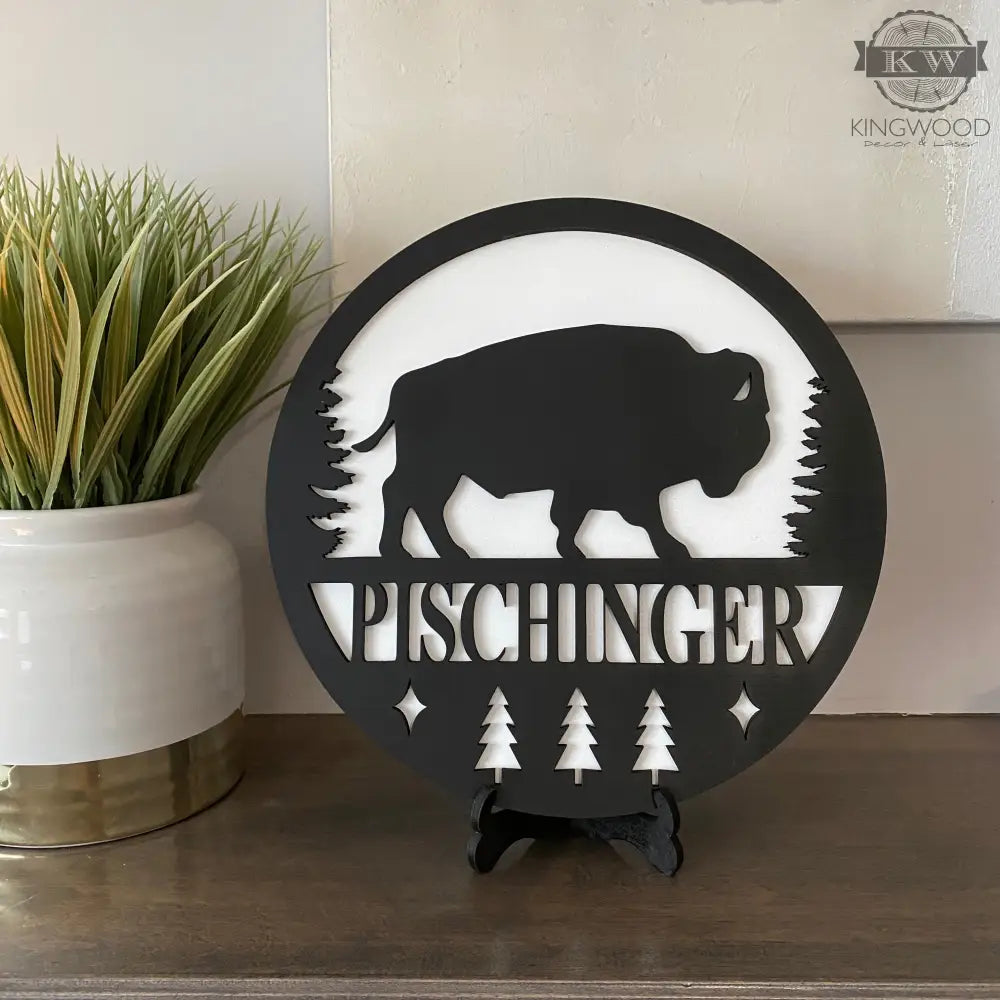 Round black bison-themed name sign for personalize round signs with outdoor theme wildlife designs