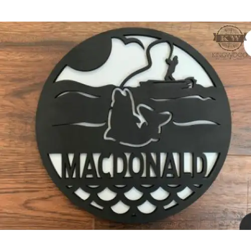 Black wooden fishing scene personalize round sign with outdoor theme wildlife design