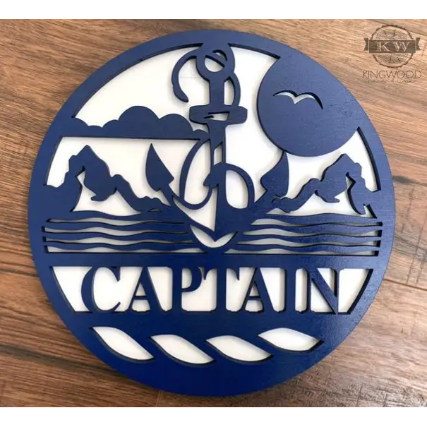Blue nautical-themed wooden cutout for personalize round signs with outdoor theme wildlife designs