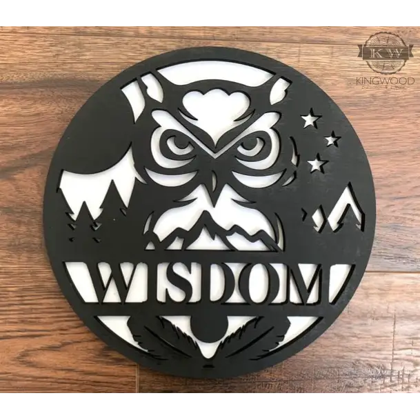 Black owl-themed wooden cutout for personalize round signs with outdoor theme wildlife designs
