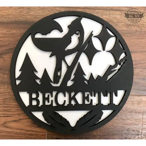 Circular black wooden sign for personalize round signs with outdoor theme wildlife designs