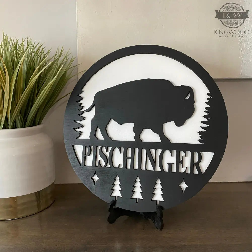 Black wooden bison-themed sign for personalize round signs with outdoor theme wildlife design