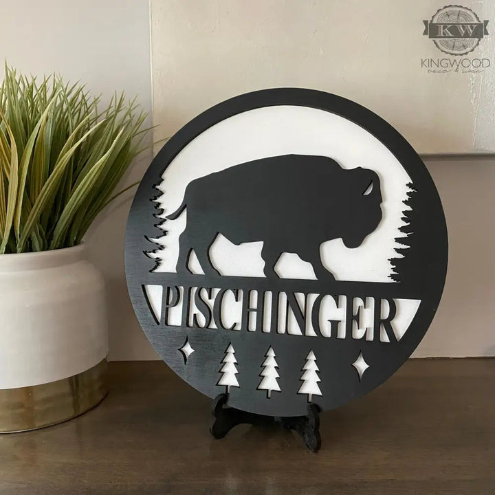 Black wooden bison-themed sign for personalize round signs with outdoor theme wildlife design