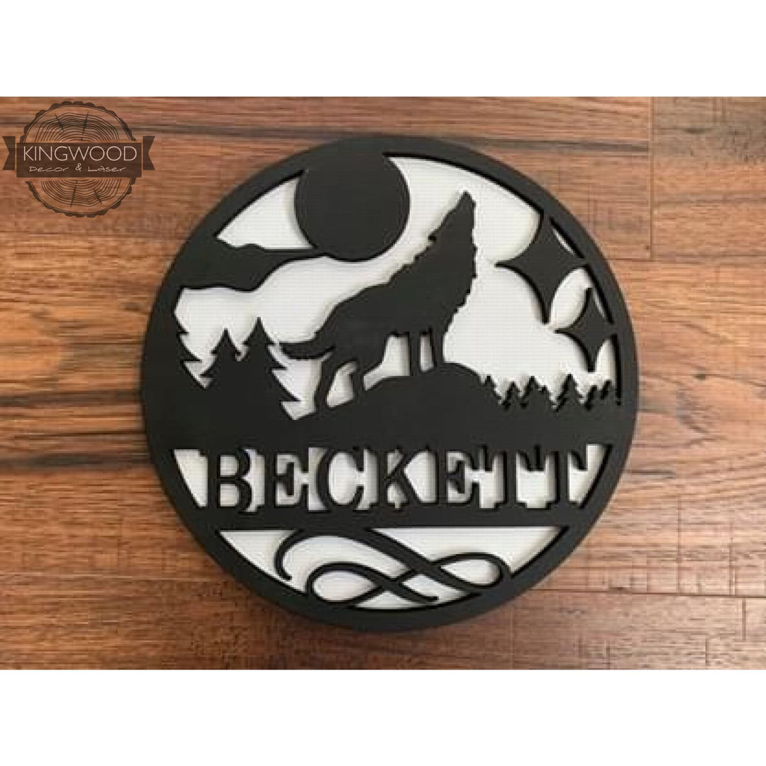 Circular wolf silhouette name sign for personalized round signs with outdoor theme wildlife designs