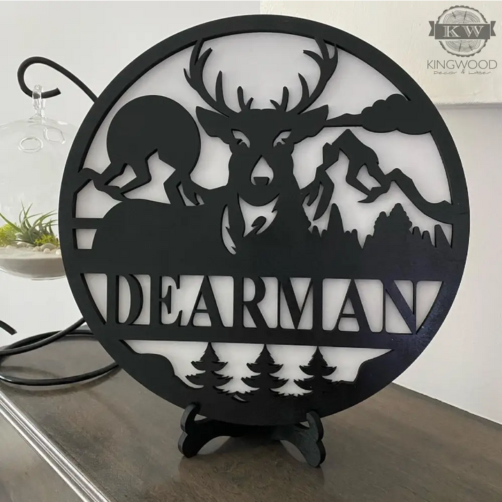 Black circular deer-themed sign for personalize round signs with outdoor theme wildlife design