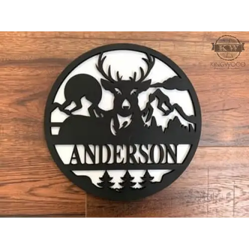 Personalize round signs with outdoor theme wildlife featuring a circular wooden deer and mountain design