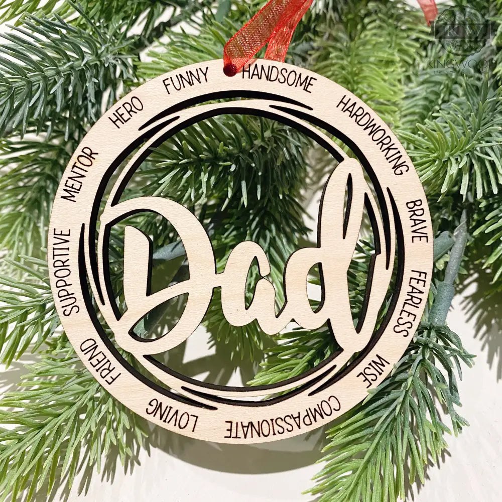 Elegant wooden Dad ornament for Christmas decor in Fort McMurray featuring engraved maple wood
