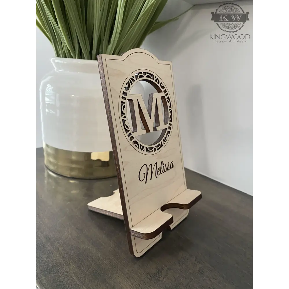 Custom wooden cell phone holder with name Kingwood Decor & Laser
