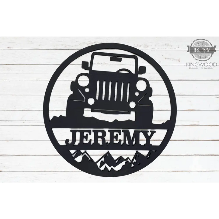 Black metal Jeep-themed name sign on personalized round signs with outdoor theme wildlife designs
