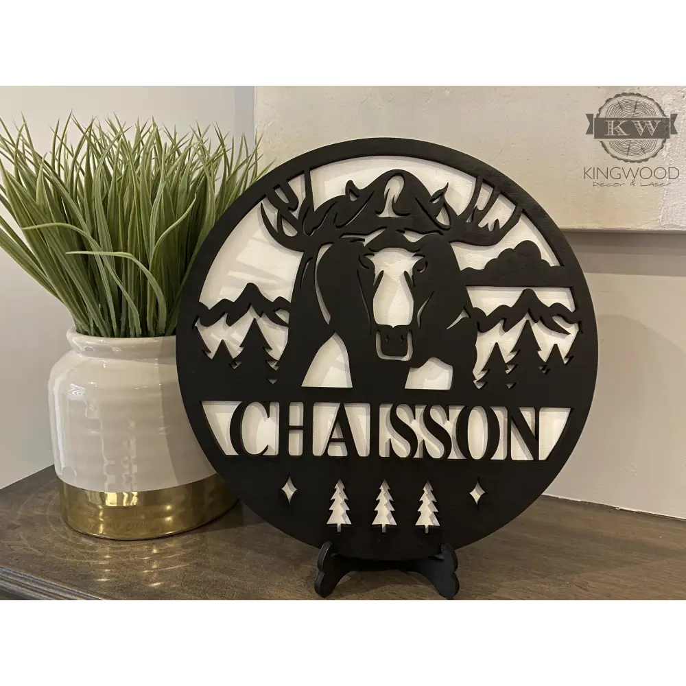 Moose-themed animal sign with solid backing on white background decor