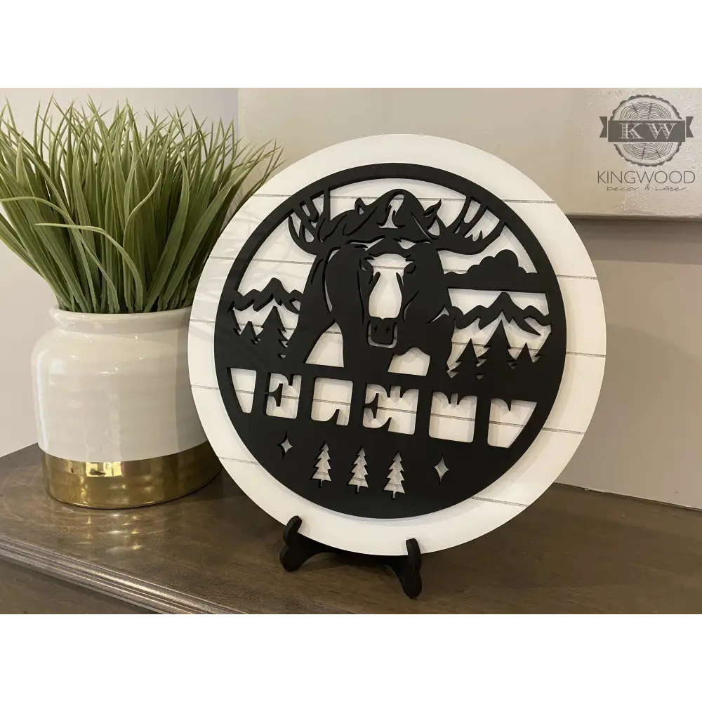 Personalize round shiplap sign with moose and trees for custom wall or shelf decor