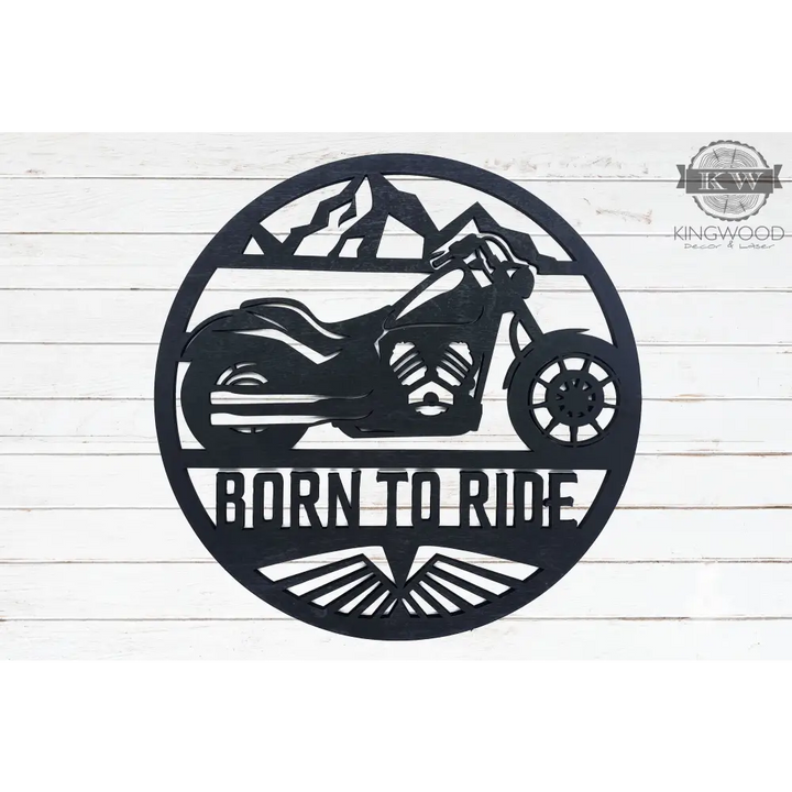 Motorcycle-themed metal art on personalize round signs with outdoor theme wildlife designs
