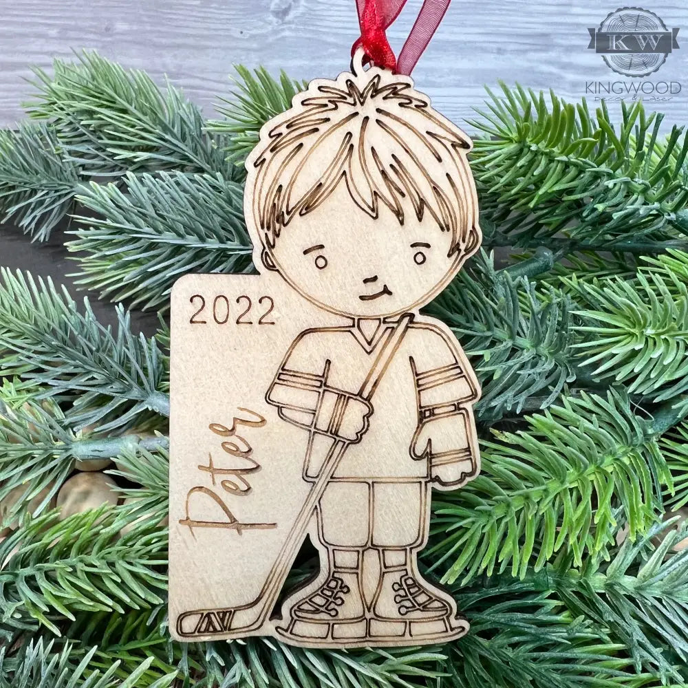Wooden hockey boy ornament, personalized hockey boy decor for Christmas tree