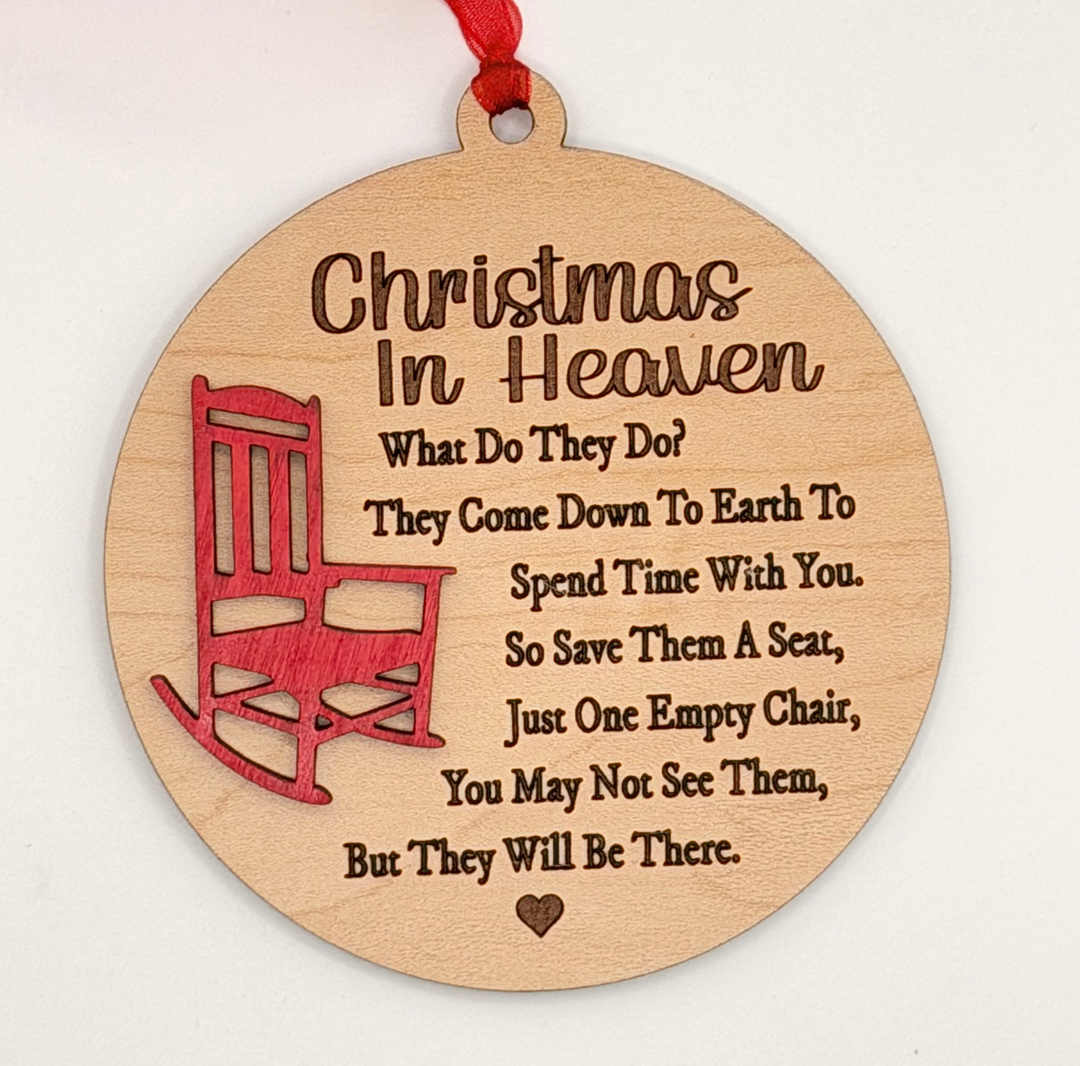 Wooden memorial ornament with heaven quote and red rocking chair design
