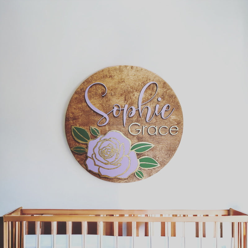 Nursery round name signs with Rose flower