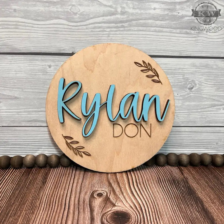 3d custom baby name disk in natural birchwood with unique