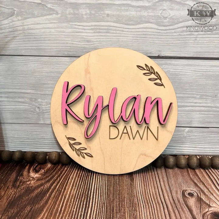 3d custom baby name disk in natural birchwood with unique