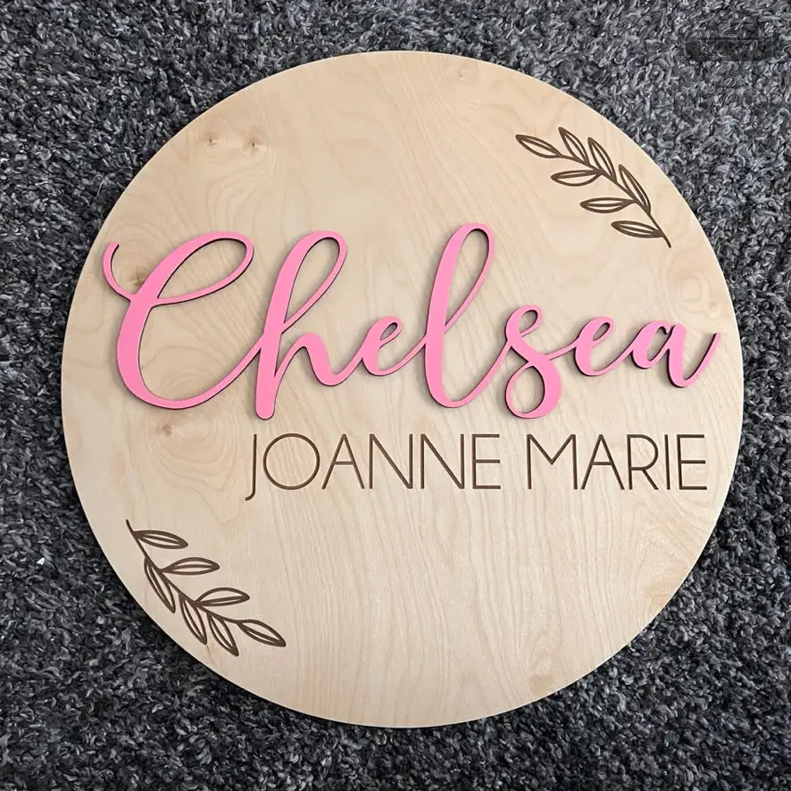 3d custom baby name disk in natural birchwood with unique