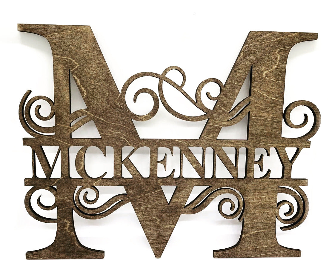 Close-up of wooden family monogram sign handcrafted from Baltic birch