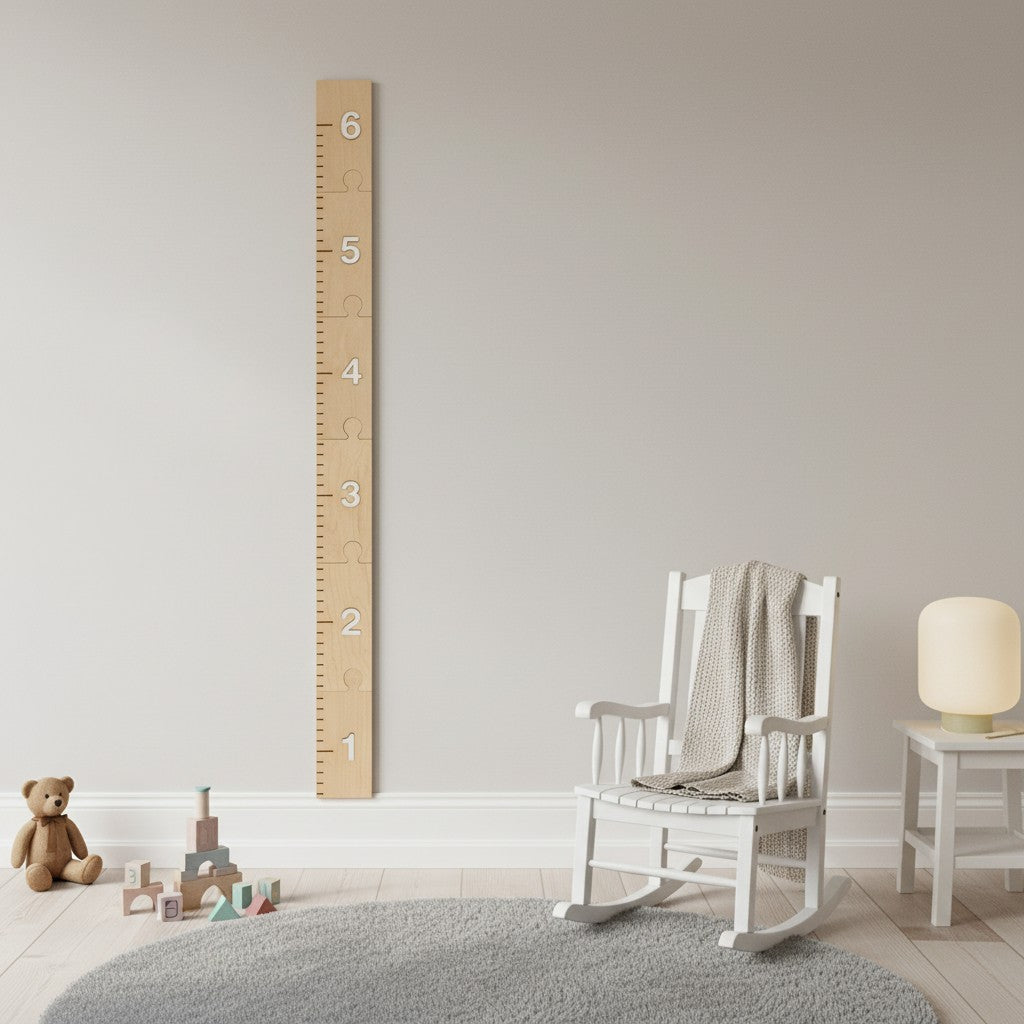 Individual puzzle pieces of wooden growth chart ruler for baby and toddler height tracking
