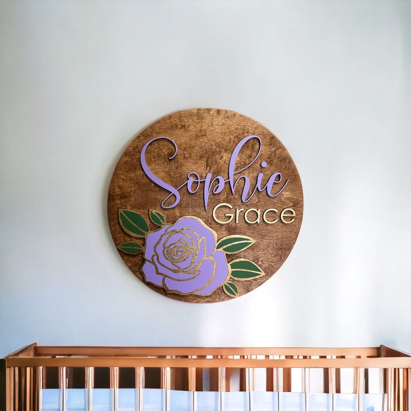 Nursery round name signs with rose