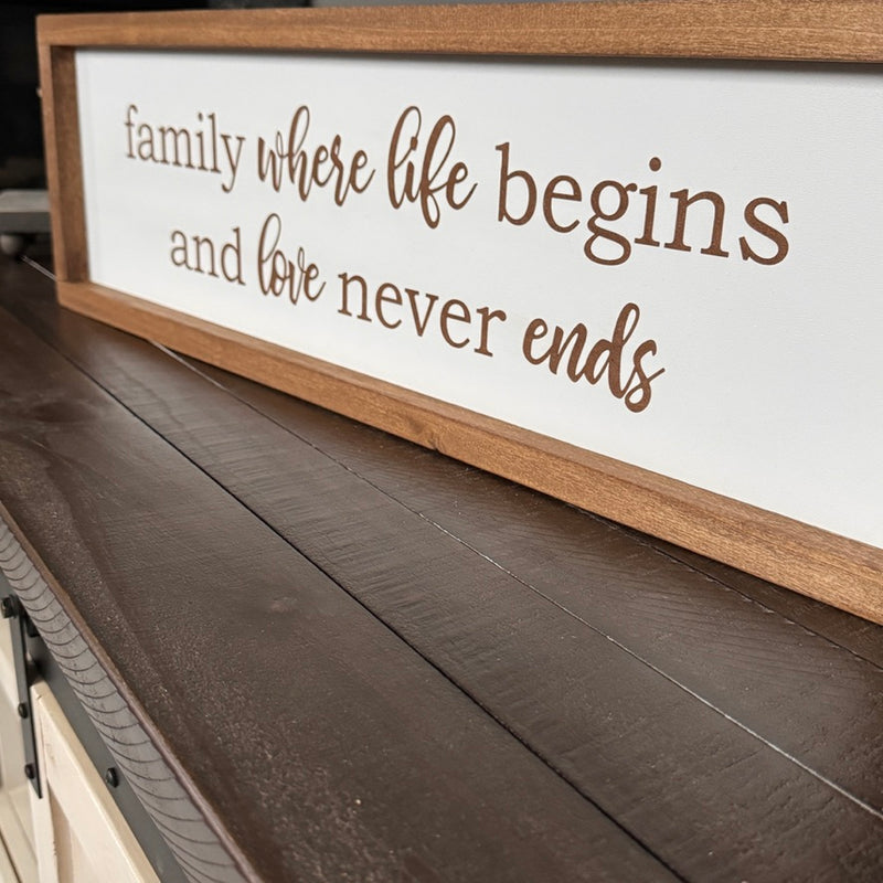 Family where life begins and love never ends sign - 26" x 8"