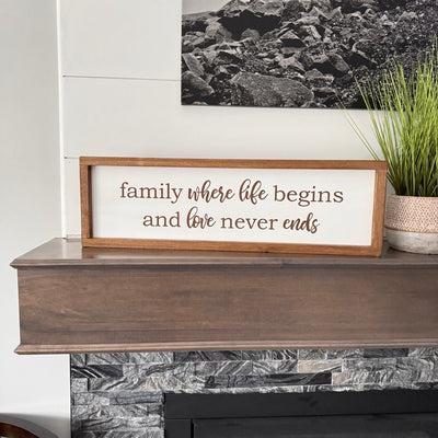 Family where life begins and love never ends sign - 26" x 8"