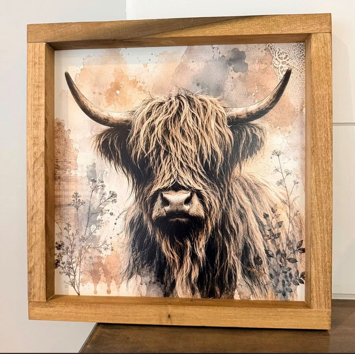 Highland Cow Farmhouse Sign | Framed Wood Decor