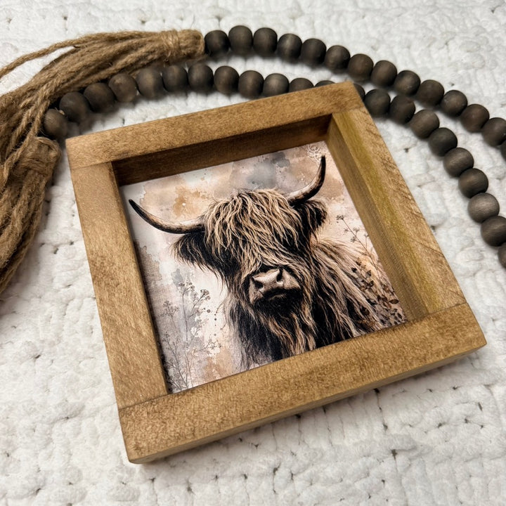 Highland Cow Farmhouse Sign | Framed Wood Decor