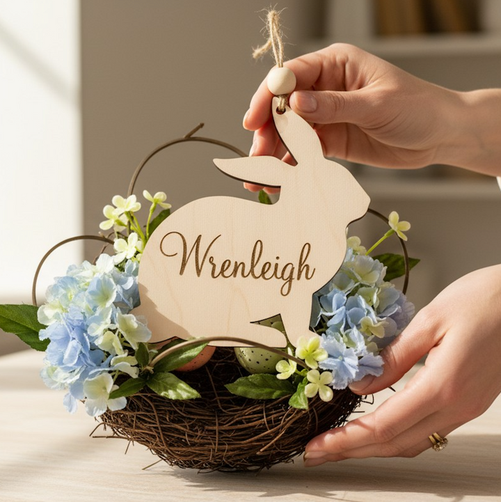 Hand holding a wooden bunny-shaped sign with &