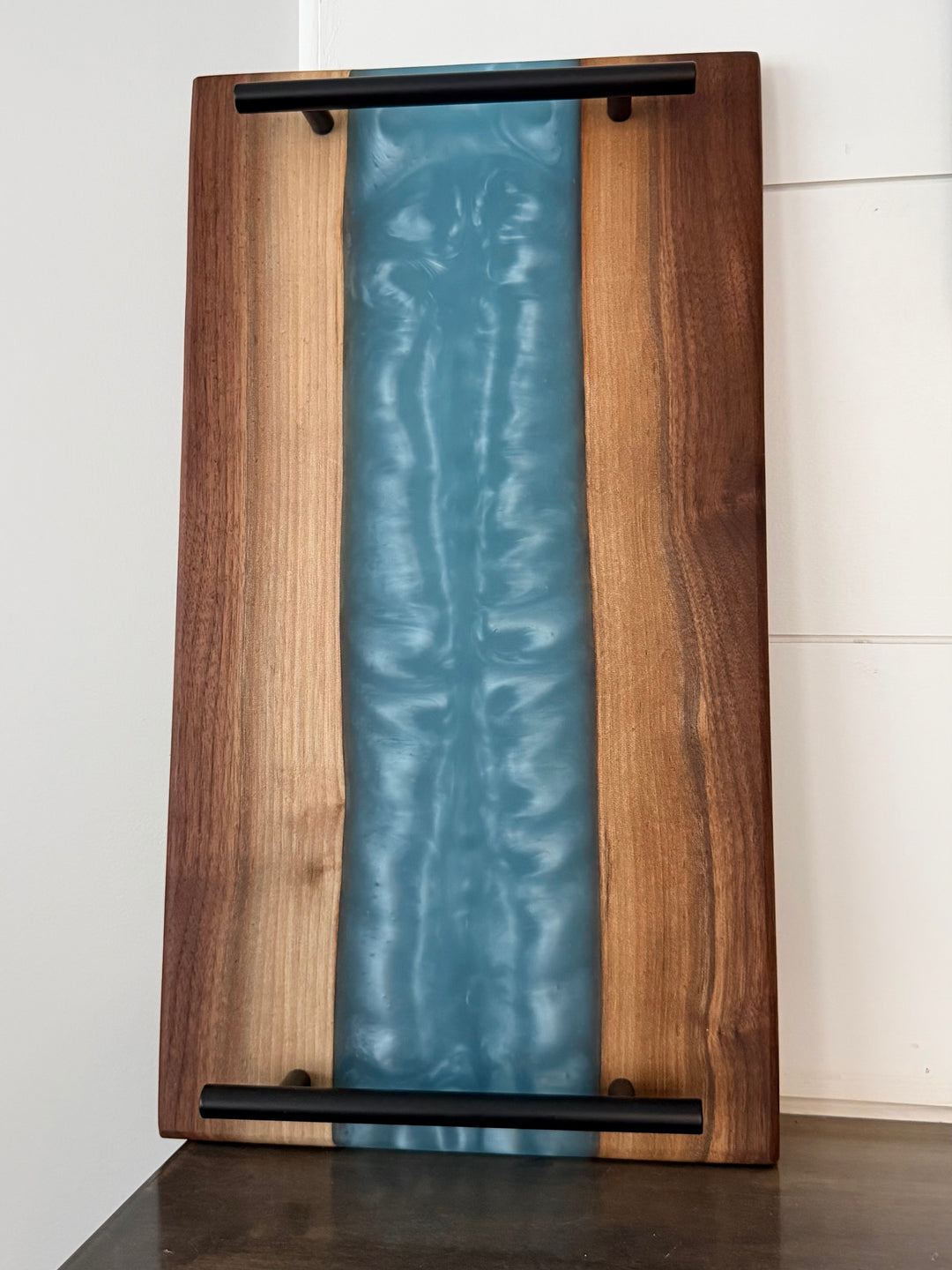 Blue Epoxy charcuterie board handcrafted walnut 18” x 10”