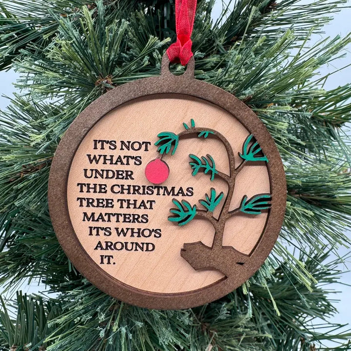 Charlie Brown-inspired laser cut wood Christmas tree ornament, handcrafted in Canada