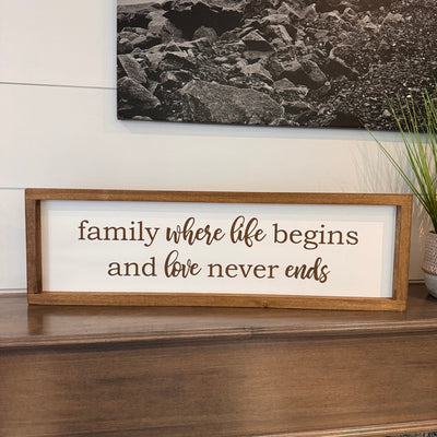 Family where life begins and love never ends sign - 26" x 8"