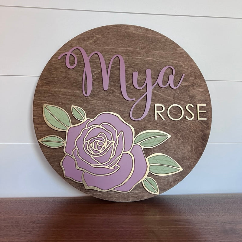 Nursery round name signs with Rose flower