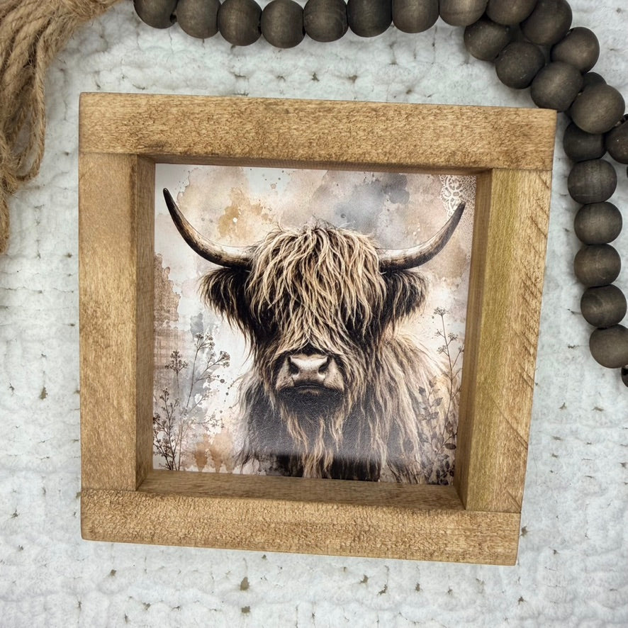 Highland Cow Farmhouse Sign | Framed Wood Decor