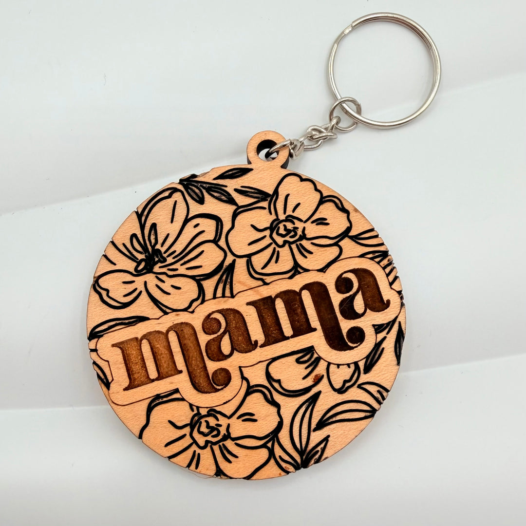 Mama Floral Wooden Keychain