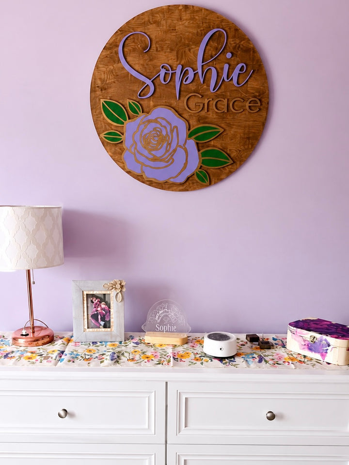 Nursery decor round name sign - Rose Flower Design