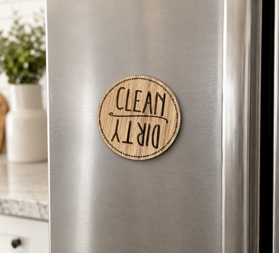Wooden clean dirty magnet for dishwasher engraved status indicator