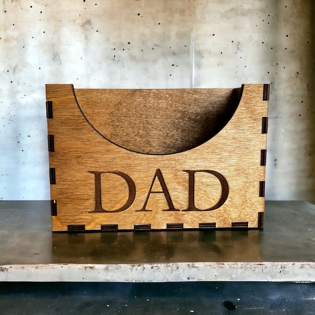 Personalized wooden Dad hat holder mounted on wall displaying multiple baseball caps