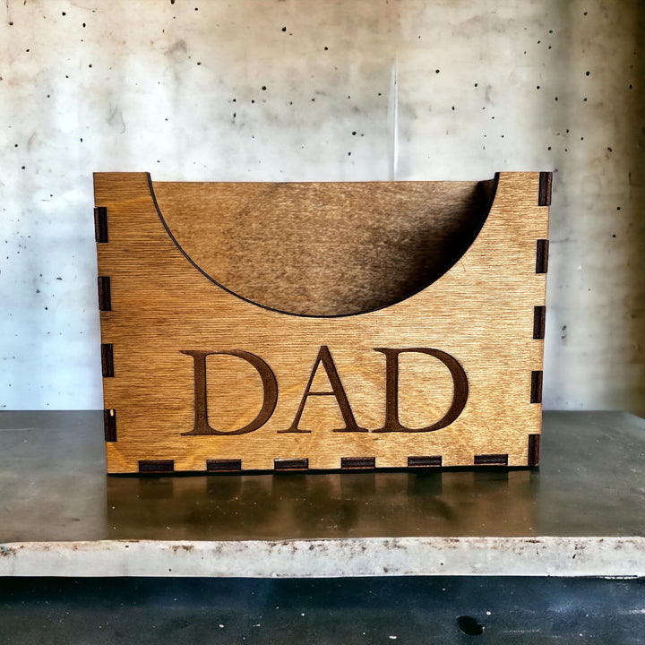 Personalized wooden Dad hat holder mounted on wall displaying multiple baseball caps