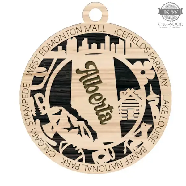 Circular Alberta souvenir ornament from Canadian provincial Christmas collectible decor