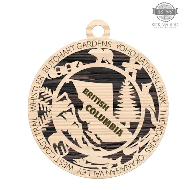 Circular British Columbia souvenir ornament for canadian provincial christmas decor