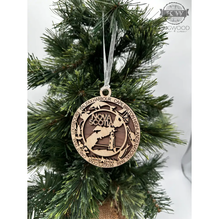 Wooden Nova Scotia ornament from Canadian provincial Christmas collection, laser cut decor