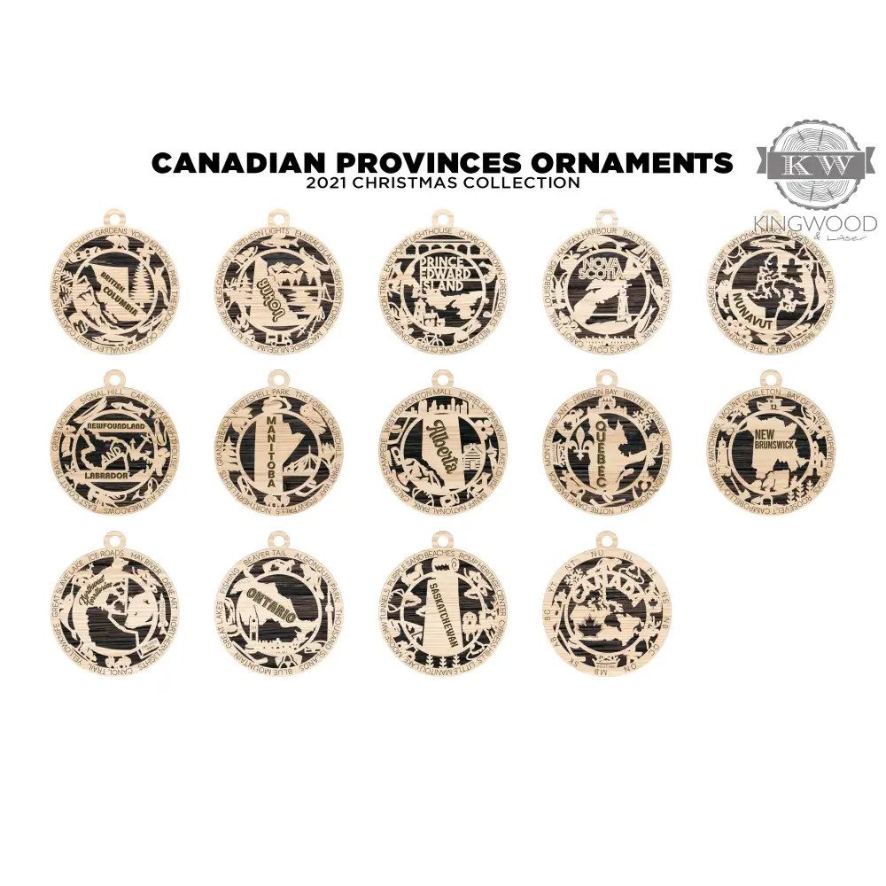 Canadian provincial Christmas ornaments displayed as laser cut collectible decor