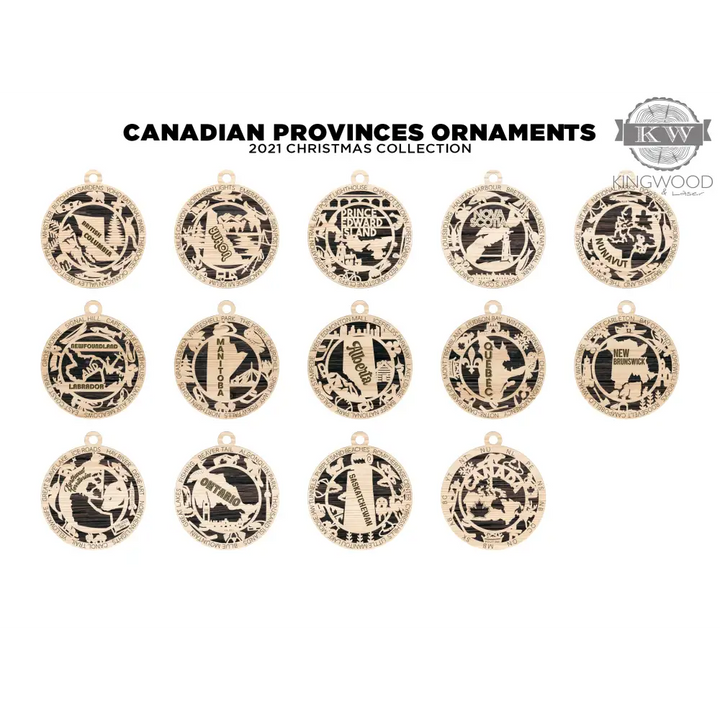 Canadian provincial Christmas ornaments displayed as laser cut collectible decor