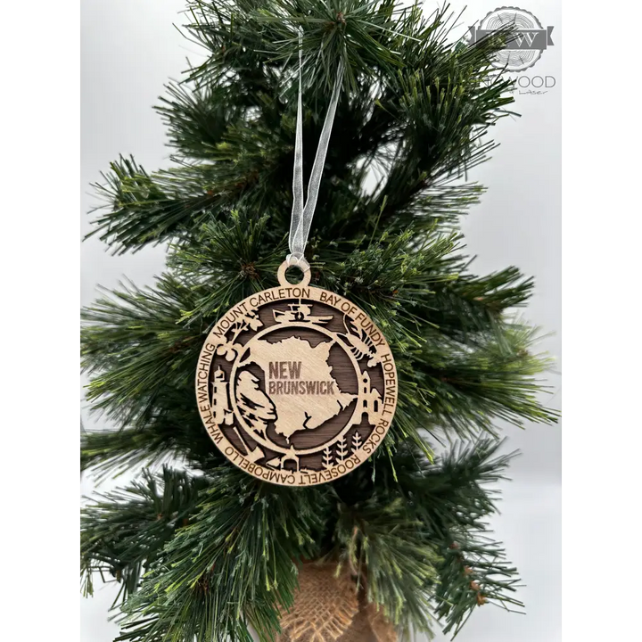 Wooden New Brunswick Christmas ornament from Canadian provincial christmas collectibles
