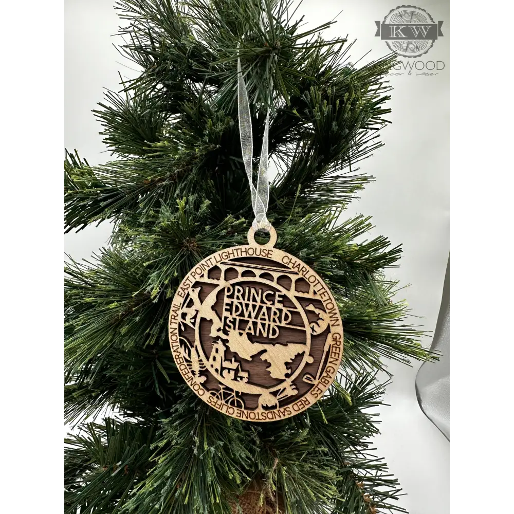 Round wooden Prince Edward Island ornament for Canadian provincial Christmas decor