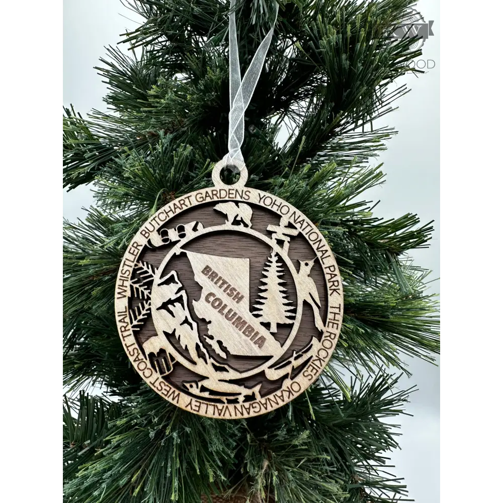 Wooden British Columbia souvenir ornament for Canadian provincial Christmas decor